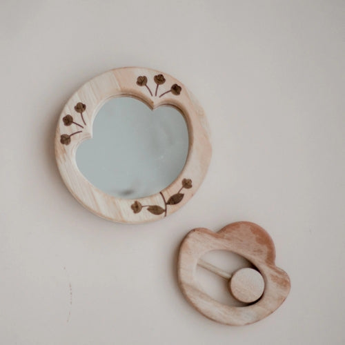 Wooden Flower rattle and baby mirror set